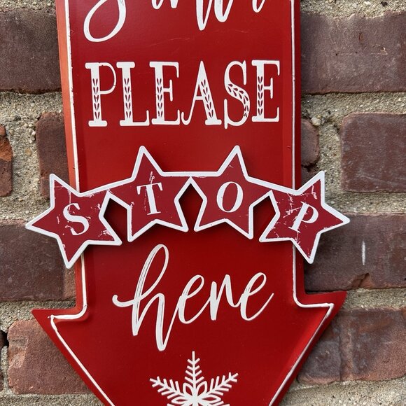 Vtg Style Metal Sign Santa Please Stop Here Arrow Red White Christmas Decor 17" - Picture 3 of 6